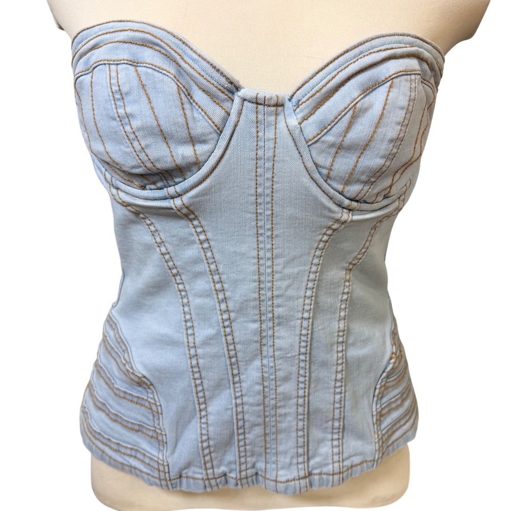 Denim Corset Bustier Top Light Wash Structured Boned Sweetheart Neck Y2K Medium